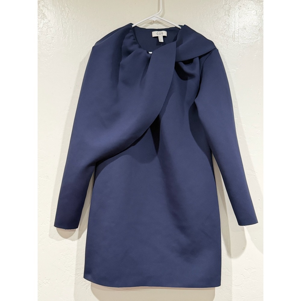 COS Navy Blue Scuba Draped Mini Dress Long Sleeve Sculptural L - Picture 2 of 7